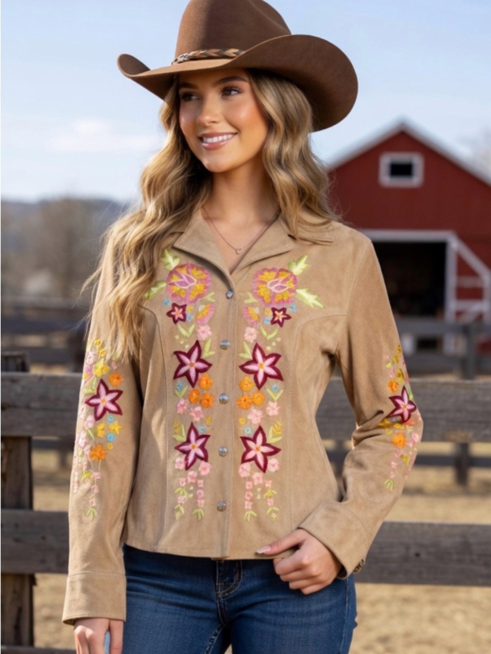 Double D Ranch leather suede jacket beautiful floral stars embroidery Rtl $995 S